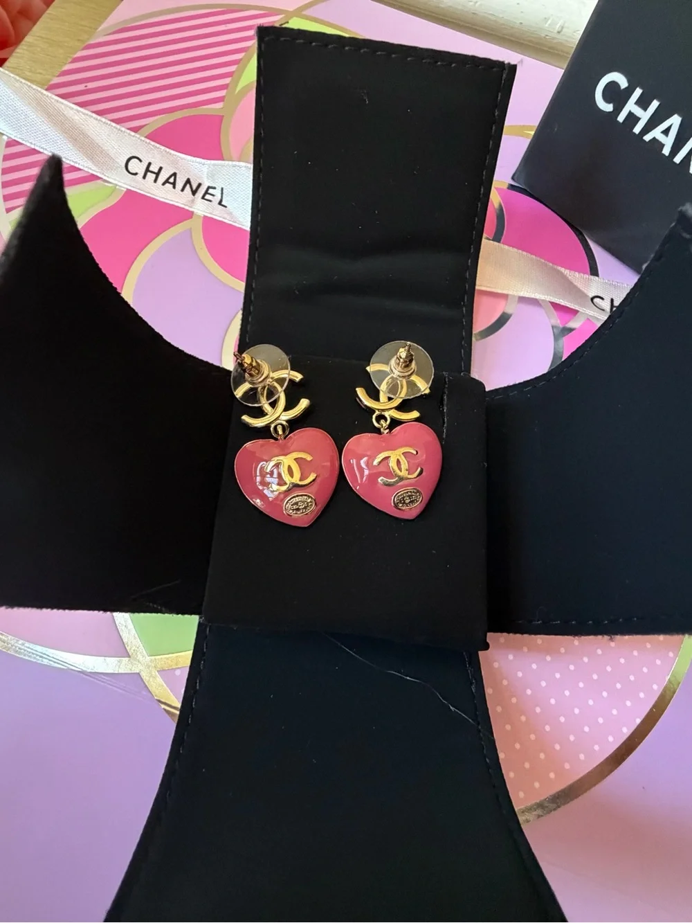Chanel Gold and Pink Heart drop earrings